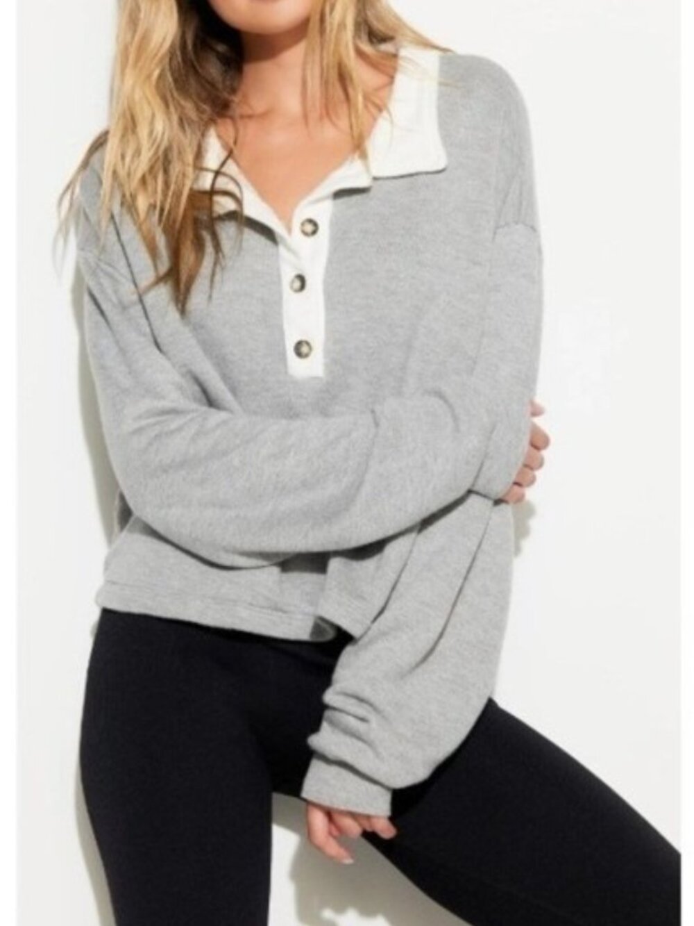 Spiritual Gangster Nichols Henley Sweatshirt Cropped Top Heather Gray Size Med
